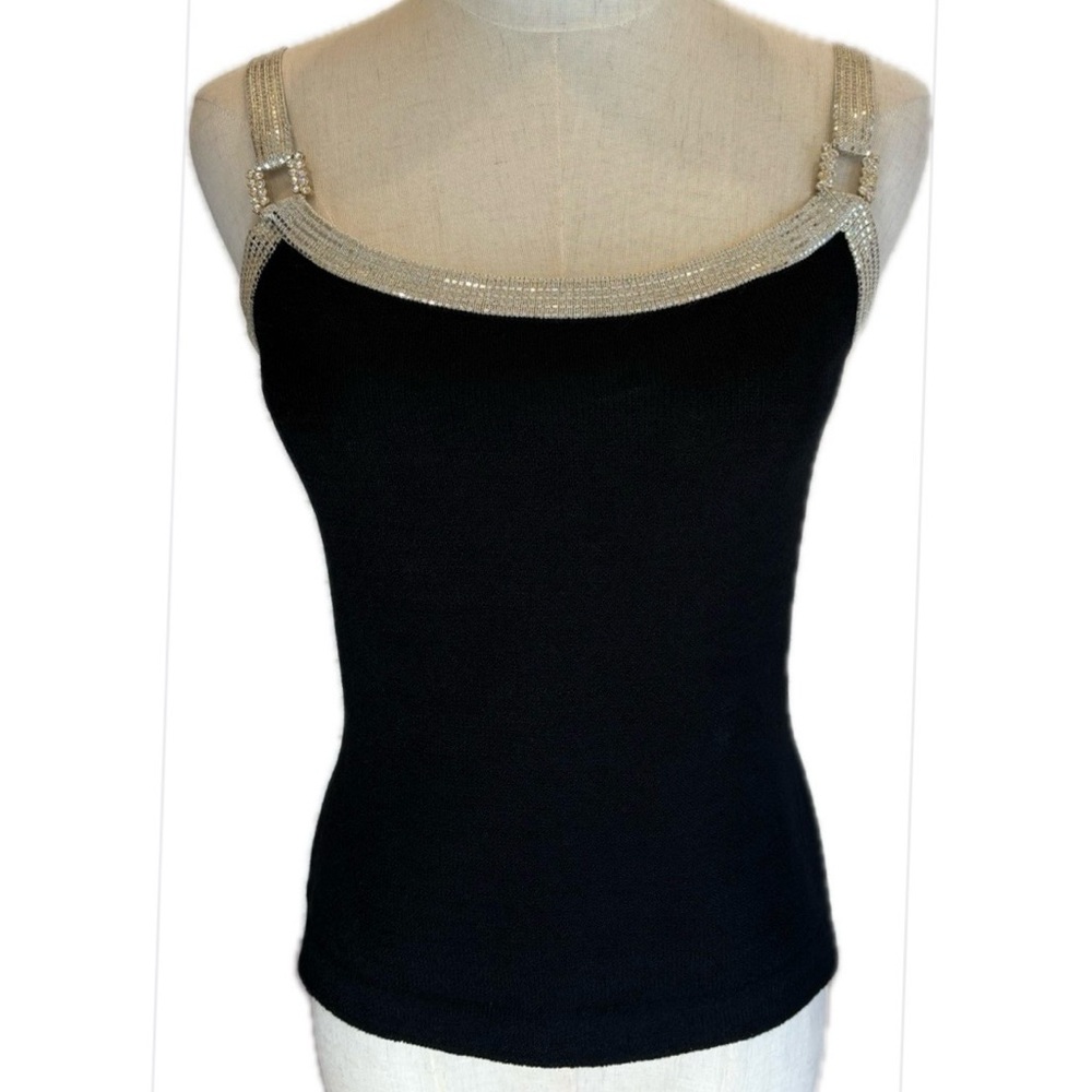 St. John Santana Knit Black & Gold Sleeveless Crystal Studded Strap Tank Top P